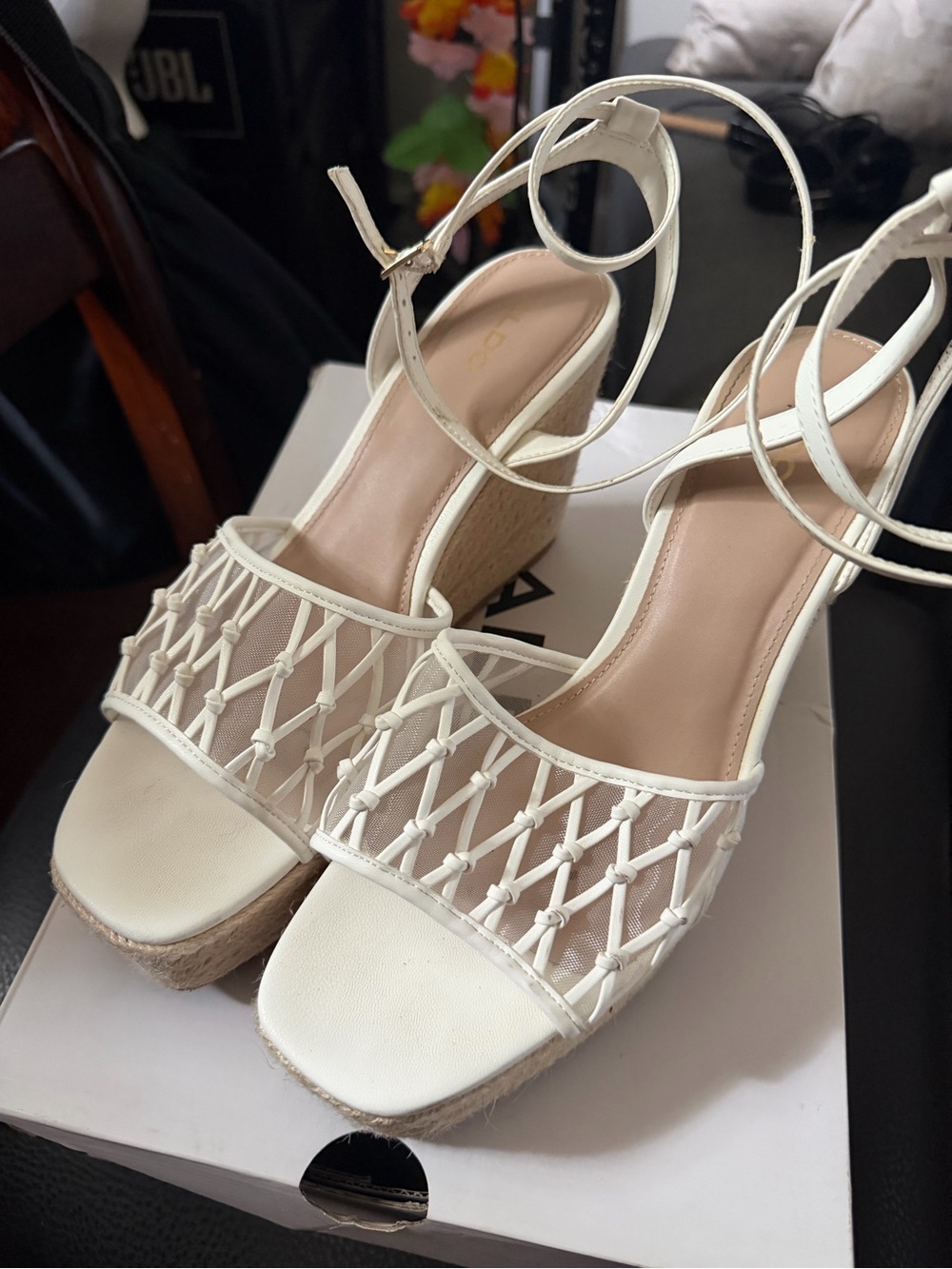 Aldo White Woven Espadrille Wedge Sandals with Ankle Wrap